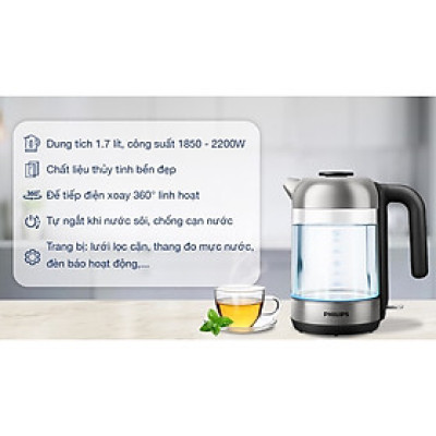 Ấm đun nước  Philips HD9339, dung tích 1.7L, công suất 2200W | Hàng Chính Hãng