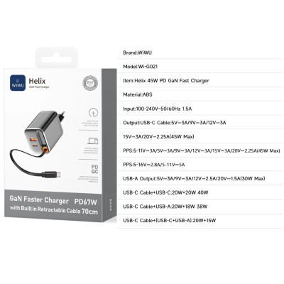 Adapter cóc củ sạc nhanh 67W PD USB C + USB-A 3.0 kèm dây sạc Type-C PPS chống cháy hiệu WIWU Helix Fast Charger cho iPhone iPad Oppo Samsung - Hàng nhập khẩu