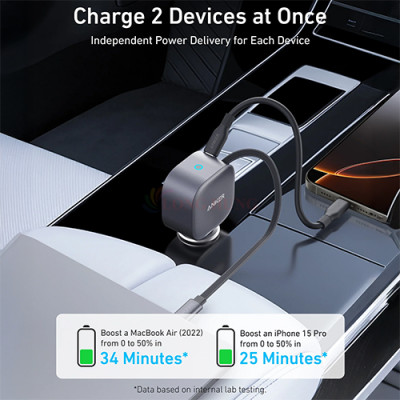Cốc sạc xe hơi Anker Nano 2 in 1 Built-in Retractable USB-C 75W A2738 - Hàng chính hãng