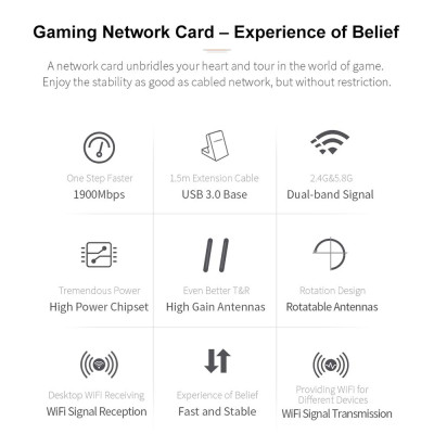 Thẻ mạng COMFAST 1900Mbps Gigabit 2.4G 5G, cổng USB3.0 khả năng truyền dữ liệu nhanh hơn